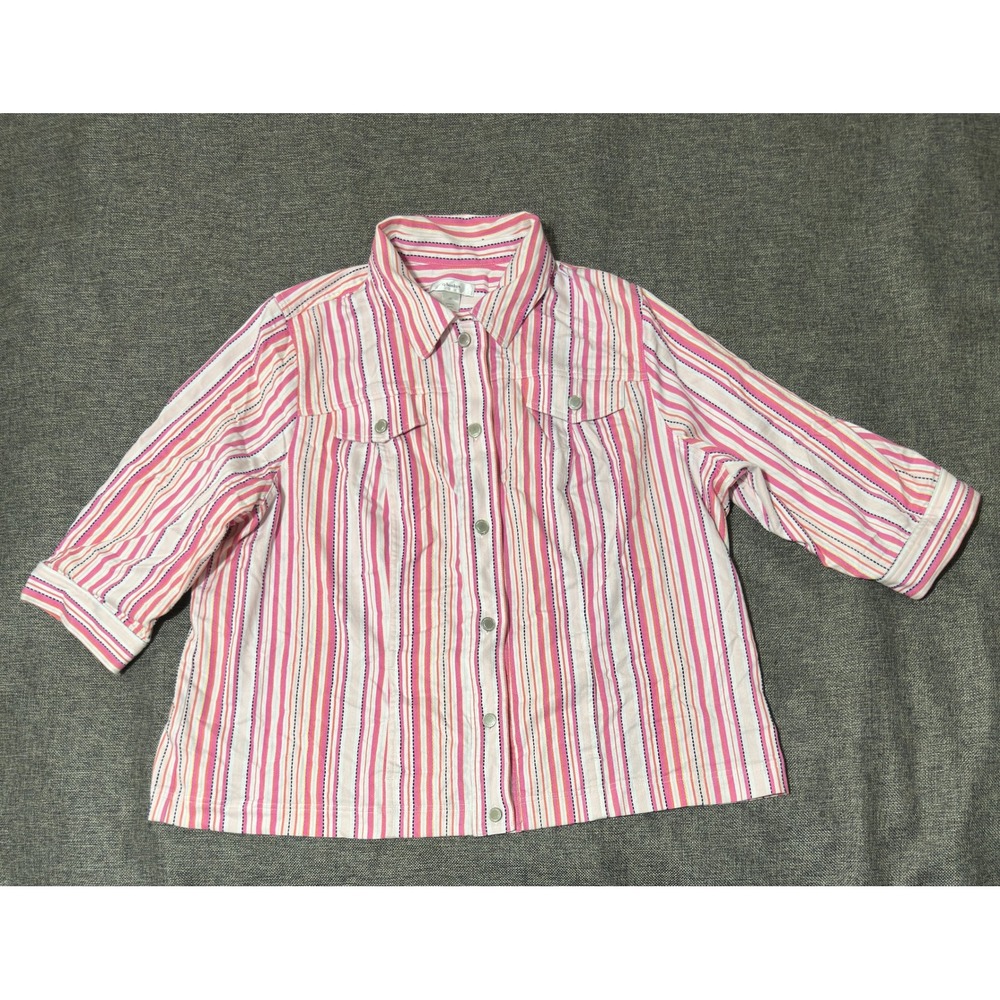 CJ Banks Womens 3X Button Up Shirt Pink White Striped 3/4 Sleeve Cotton Blend